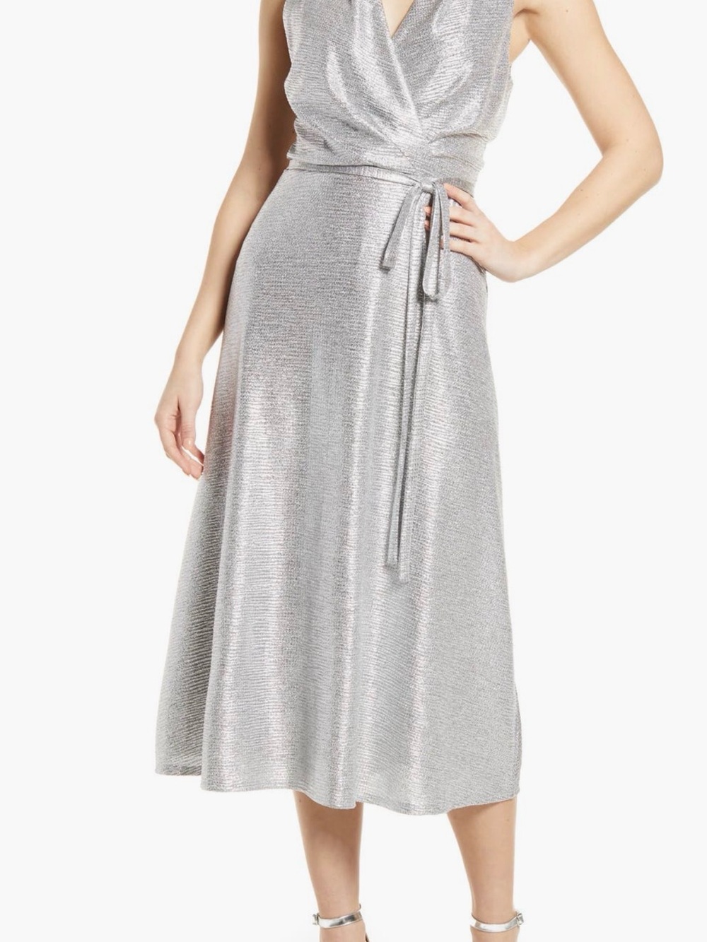 Silver Metallic Wrap Midi Dress